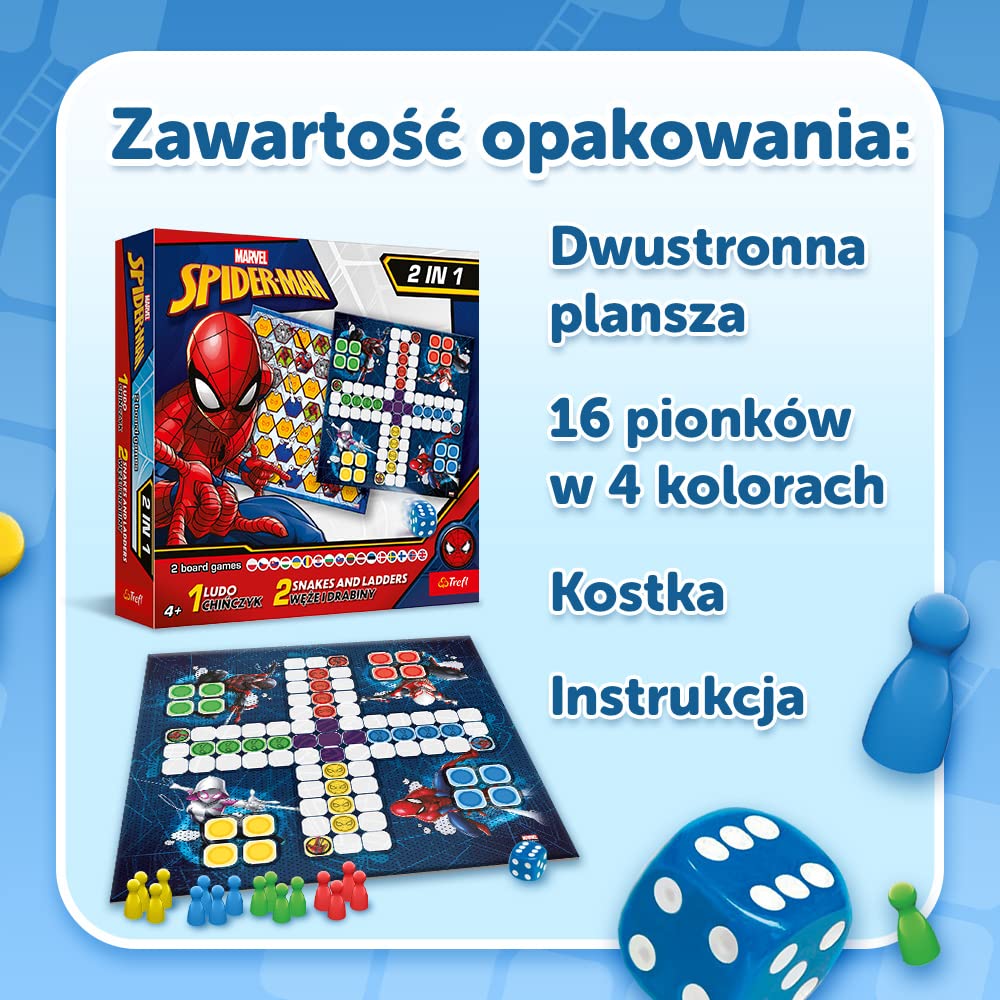 Trefl - Chińczyk, Węże i Drabiny: Spider-Man - Gra 2w1, Rodzinna Gra Planszowa z Superbohaterem Marvela, Dwustronna Plansza, Proste Zasady, Klasyczna Gra Dla Dorosłych i Dzieci od 4 lat