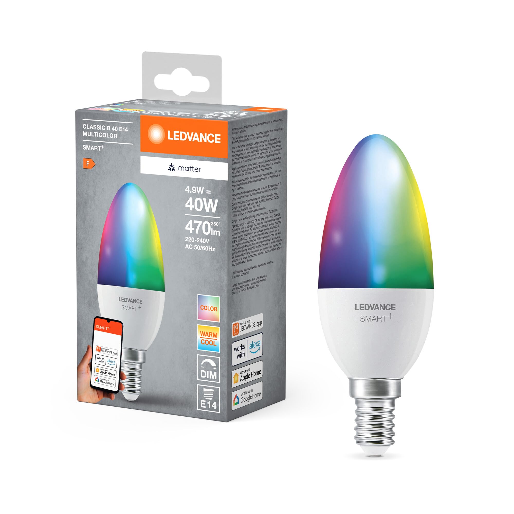 LEDVANCE LEDVANCE SMART+ MATT LED lampe, compatible avec Google, Alexa, Apple, White Frost Optics, 4.9W, 470LM, E14, Color Light & White Light, avec Vocal Control, jusqu'à 20 000 HRs, 1-Pack