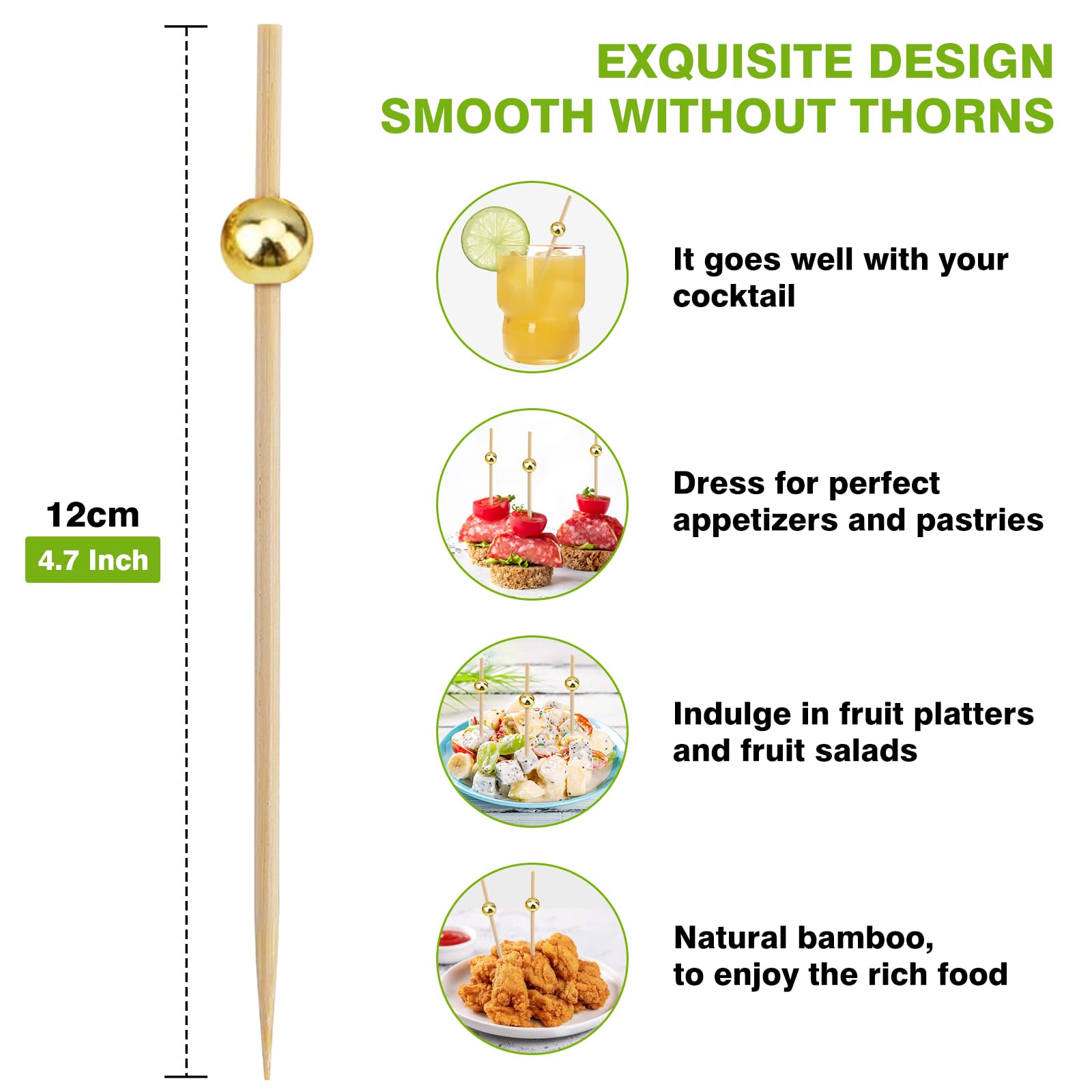 Bamboo Cocktail Picks & Appetizer Skewers - 360 Pcs, 4 Lengths (3.4" To 5.4"), Gold Pearl Tips For Charcuterie - View #13