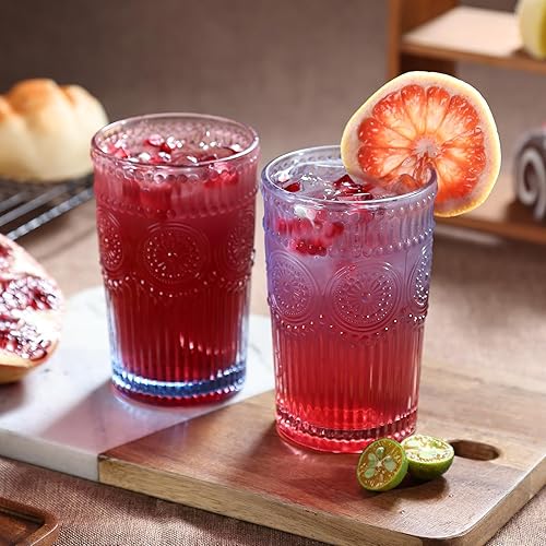 Juego de 6 vasos de bebida vintage, vasos de vidrio de 12 onzas, vasos de agua acanalados en relieve para cóctel, agua, jugo, cerveza, whisky