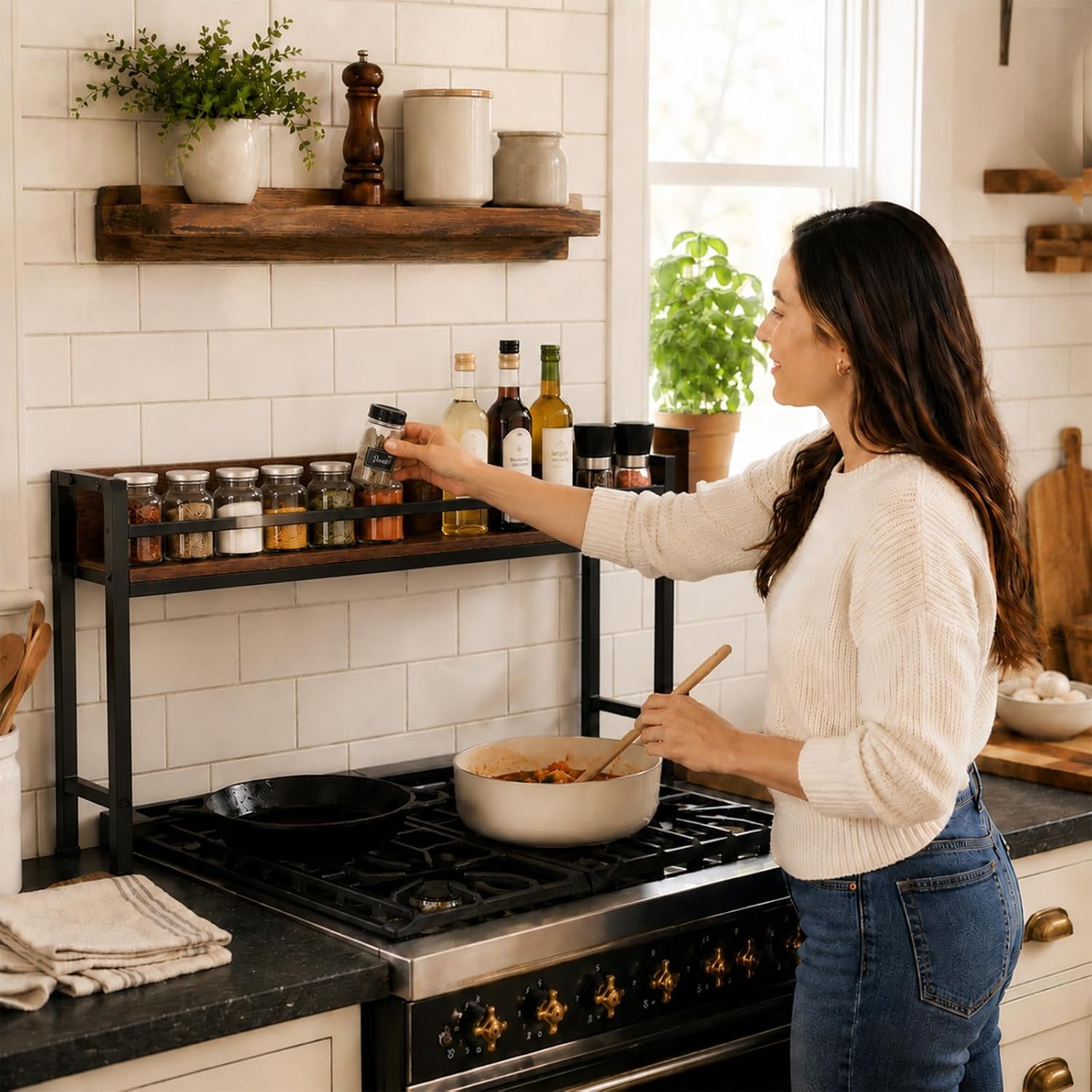 Spice Rack Shelf for Kitchen Stove, Over The Stove Shelf, Stove Top Spice Rack Organizer with Iron Frame and Wooden Top, Kitchen Countertop Storage