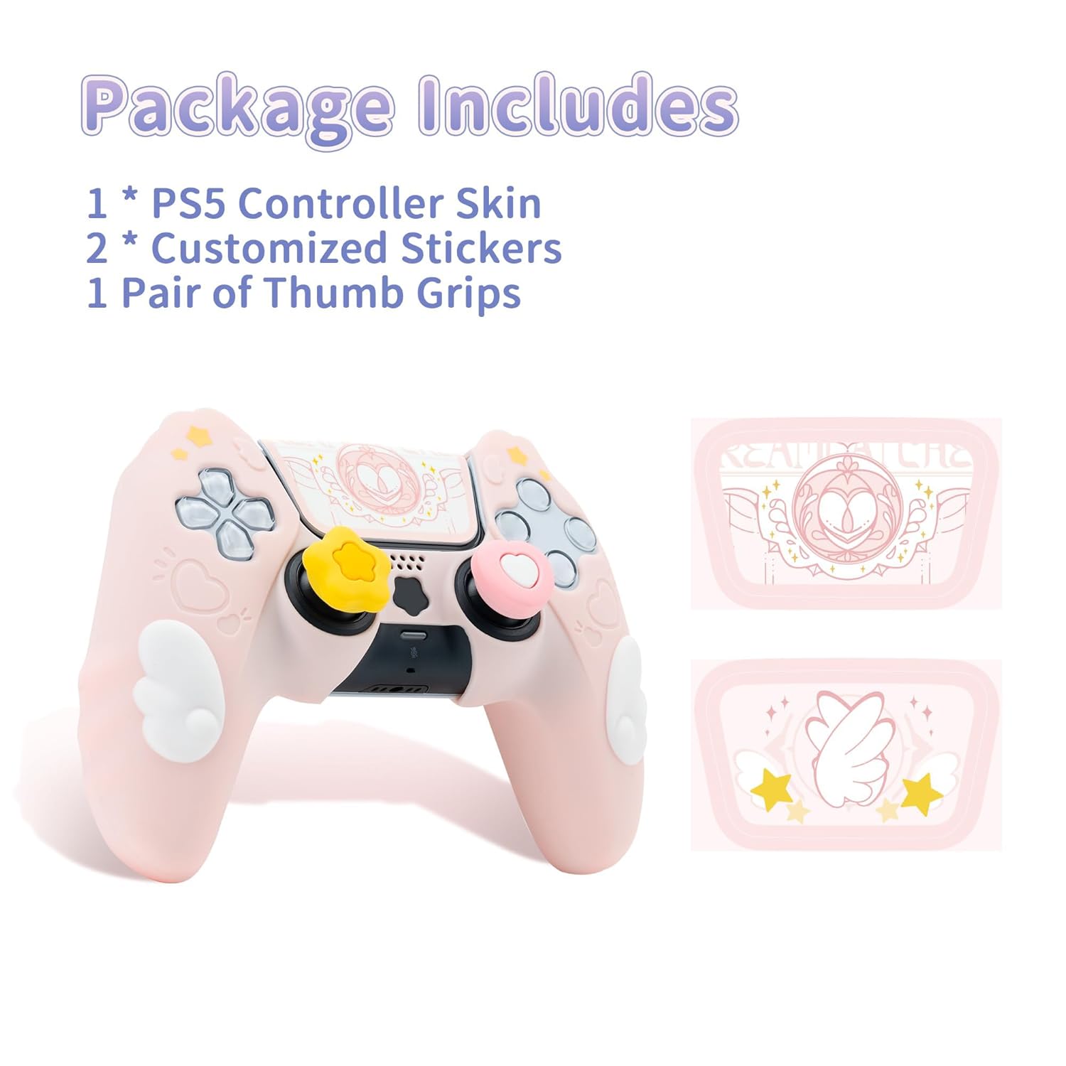GeekShare PS5 Controller Skin Set,Silicone Protective Cover Skin Case for PS5 Wireless Controller with 2 Thumb Grip Caps and 2 Stickers - Star Wings Series (Pink) - Image 5