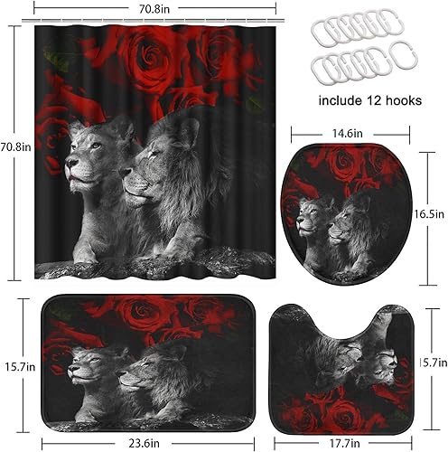 Miniatura 6 de Pamnest Juego de 4 cortinas de ducha, diseño de león y gato rojo con flores rojas, impermeables, con alfombras antideslizantes, cubierta para tapa