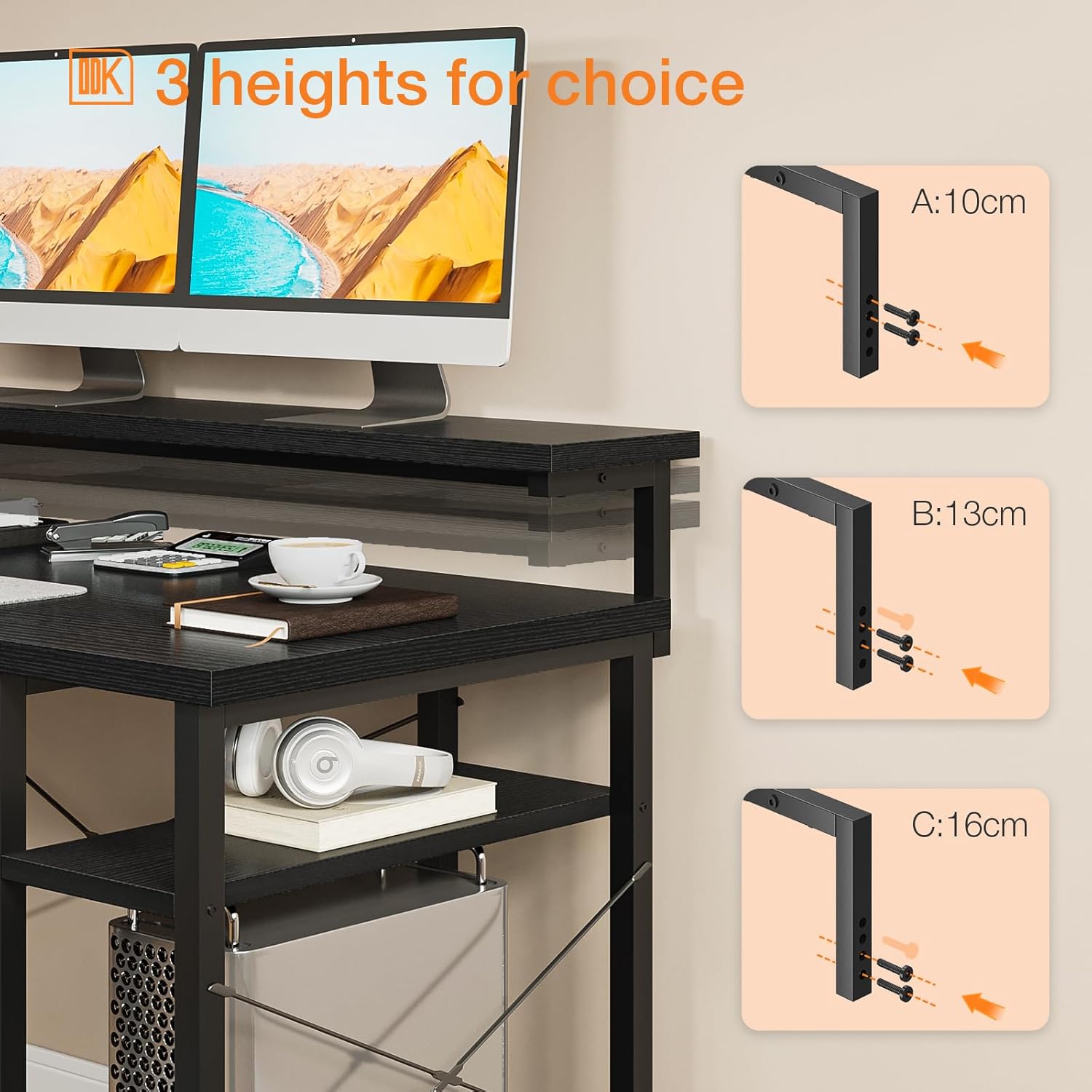 Comparison image showing a desk without a 5-tier shelf and then with a 5-tier shelf installed