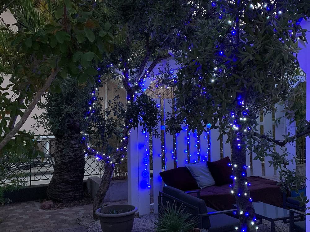elume Guirlande de Noël lumineuse extérieure clignotante 34m, 750 LED blanches et bleues