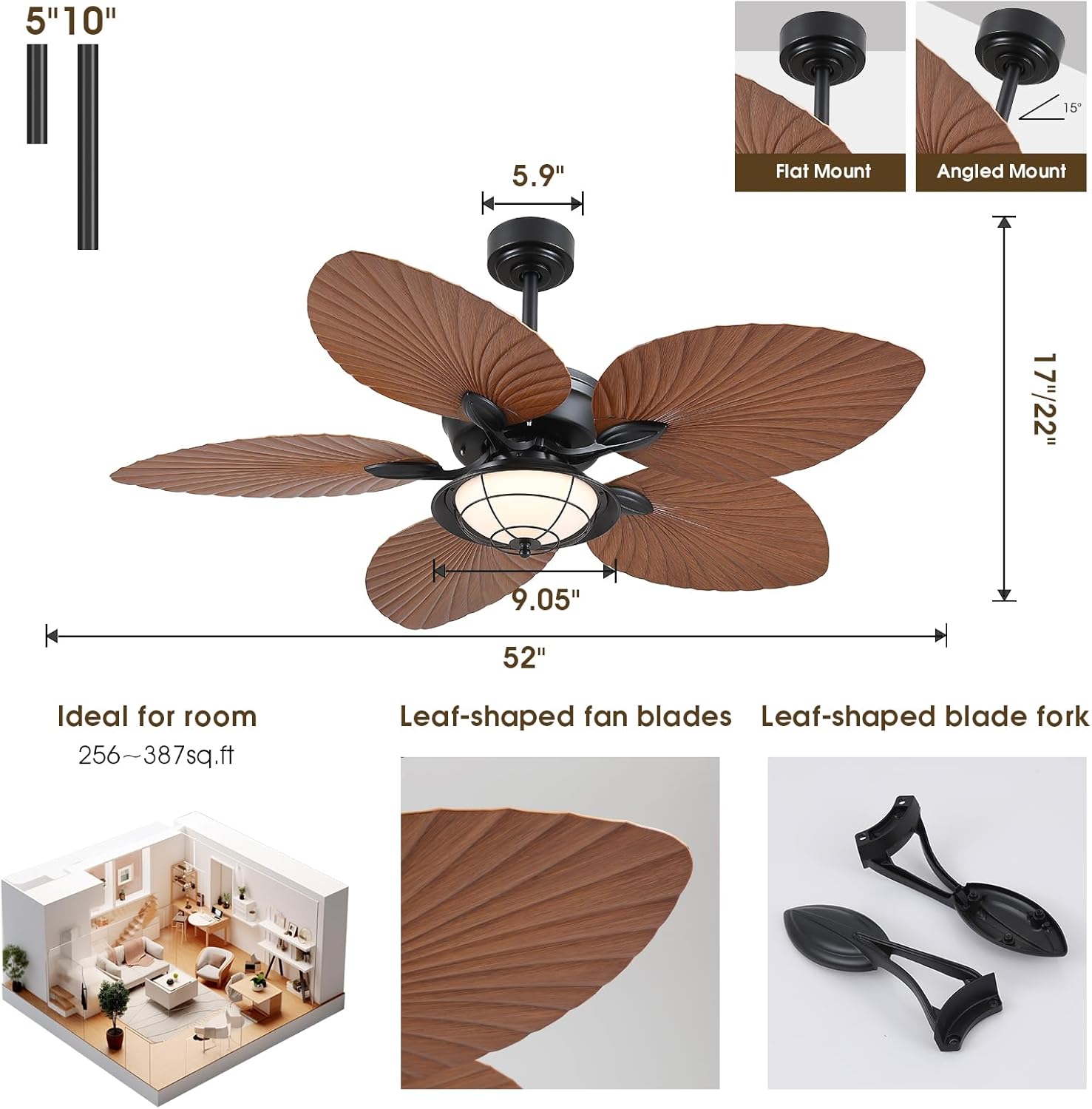 PHORUS 52" Waterproof Outdoor Palm Leaf Ceiling Fans with Lights and Remote,Wet Rated Tropical Ceiling Fans for Patios Porch Gazebo Pergola