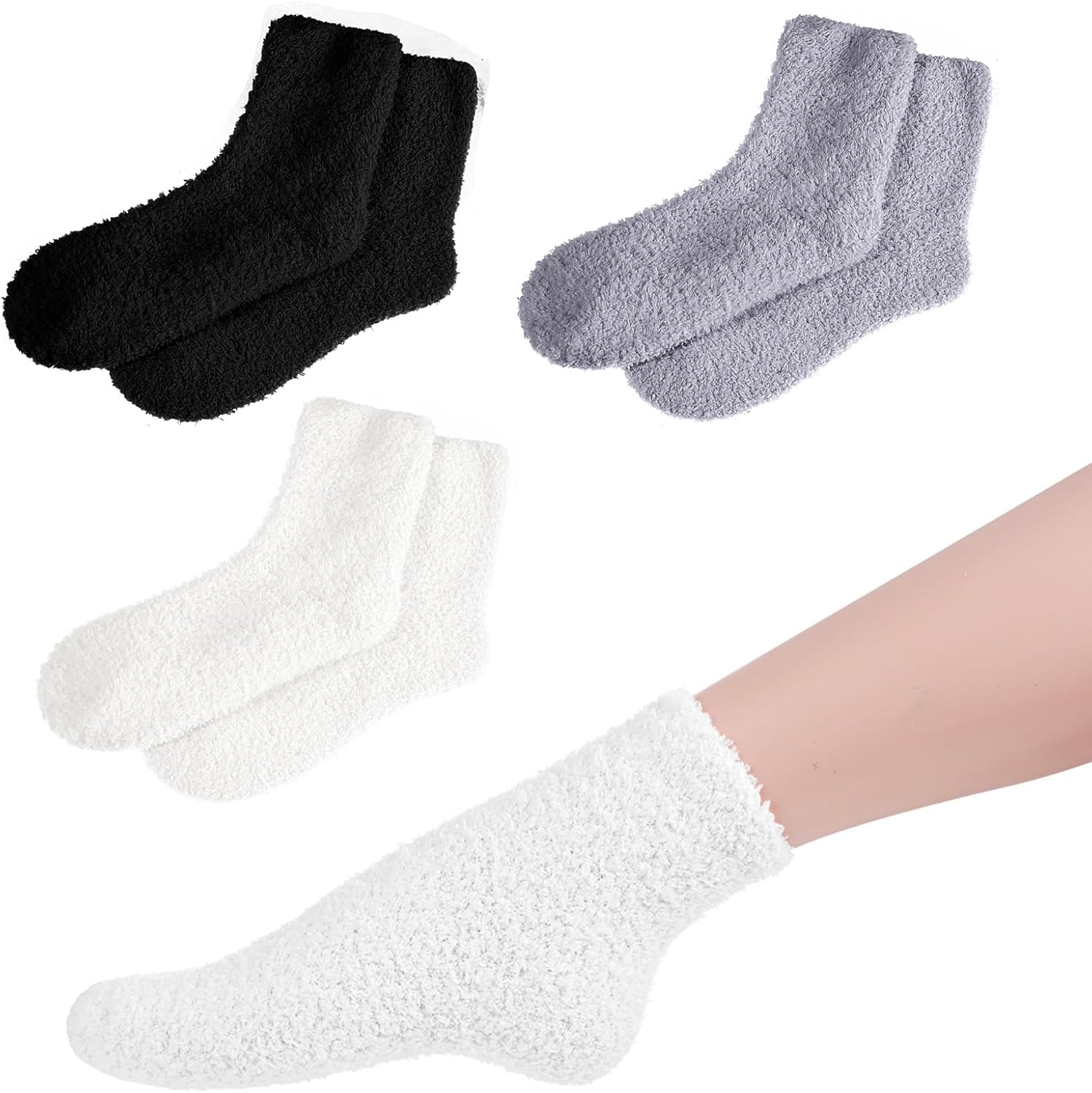 3 Pairs Gel Socks Soft and Comfortable Aloe Socks Fluffy Coral Fleece Lotion Sock Fit Moisturizing Sock for Repairing Softening Dry Cracked Heel Women Men(Black White Gray)