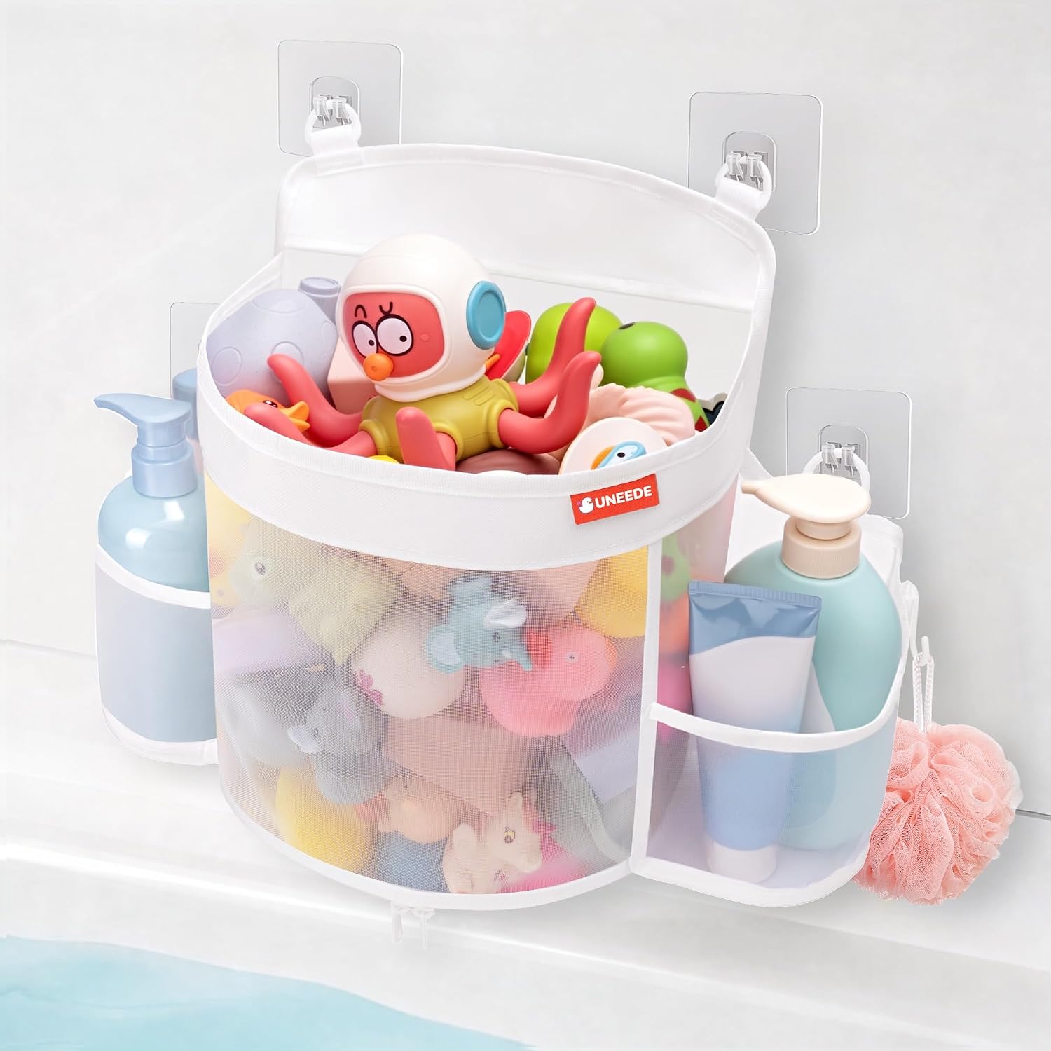 4.5 Gallons Bath Toy Storage with 2 Side Pockets, Quick-Dry Mesh Organizer