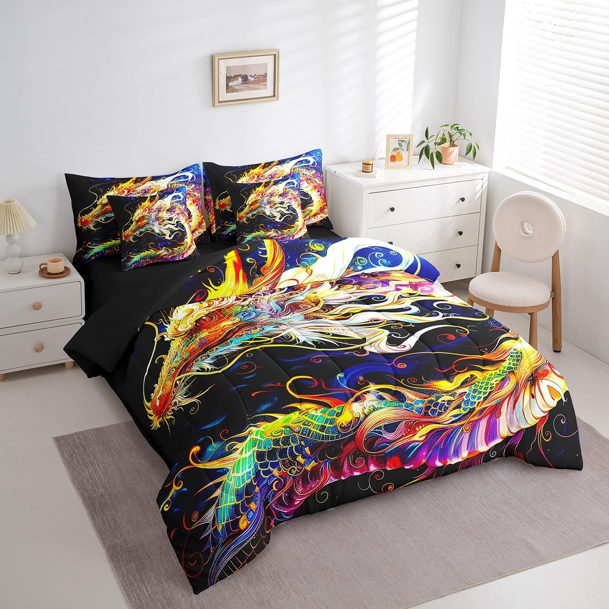 Erosebridal 3D Dragon Comforter Set 7 Piece Bed in a Bag Twin,Watercolor Dragon Scale Bedding Sets Antique Mythical Animal Gothic Sheet Set with Comforter