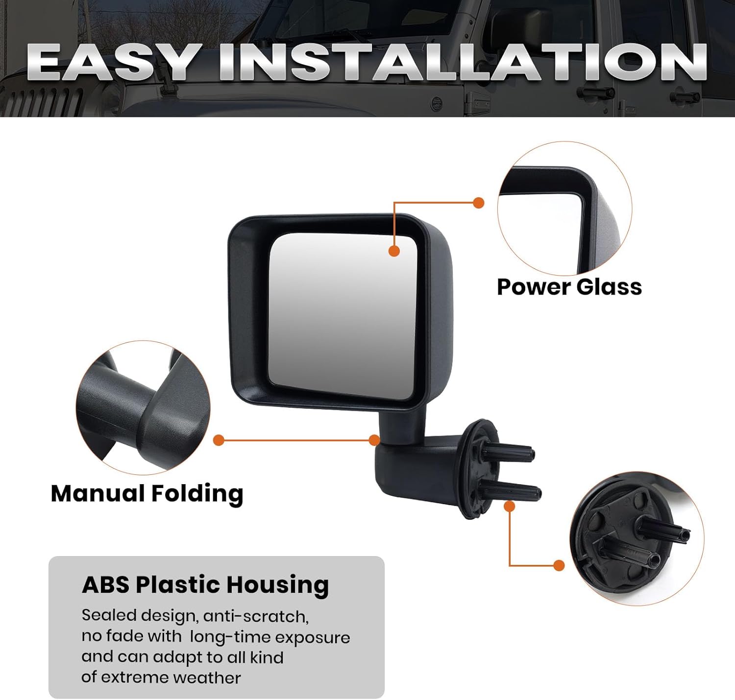 Driver & Passenger Side Mirror Compatible with Jeep Wrangler 2007 2008 2009 2010 2011 2012 2013 2014 2015 2016 2017 Manual Folding Non-Heated Door View Mirrors Black 1 Pair Set