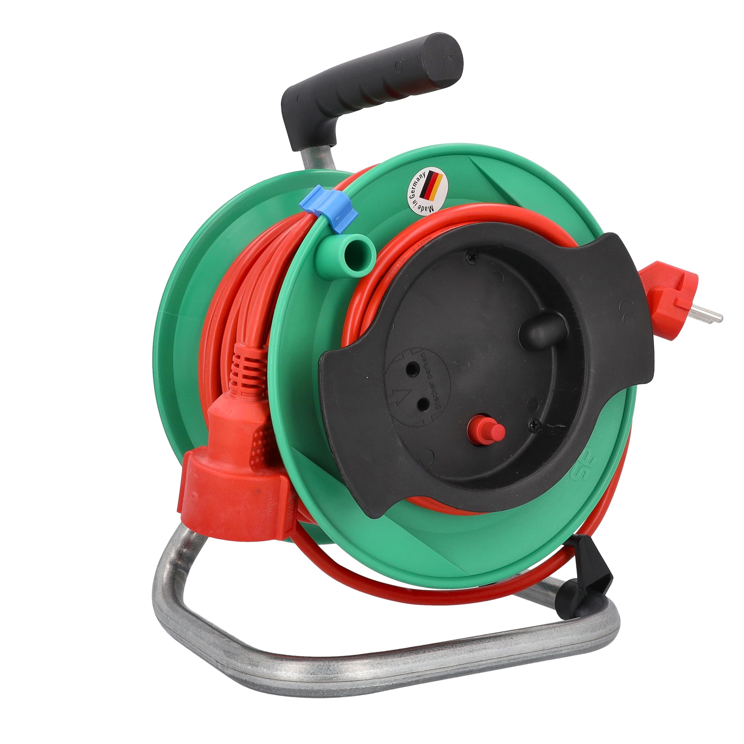 as - Schwabe enrollacables 25 m H05VV-F 3G1,5 rojo, IP20 interior, 1 toma de corriente con toma de tierra, cable de conexión 1,5 m, Interruptor térmico, Made in Germany