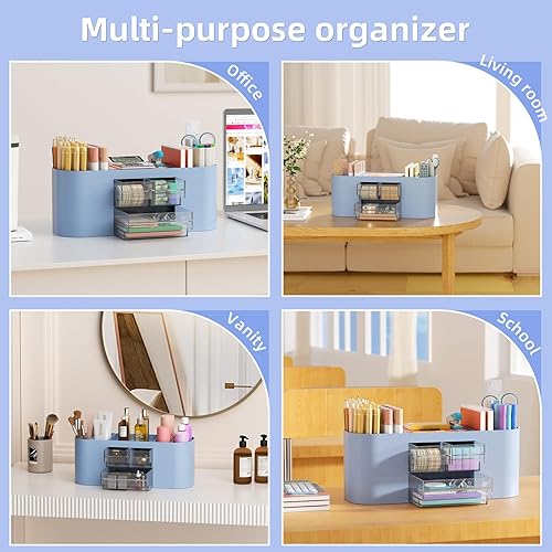 Miniatura 5 de Marbrasse Organizador de escritorio con 3 cajones, soporte multifuncional para lápices, organizadores de escritorio y accesorios con 7