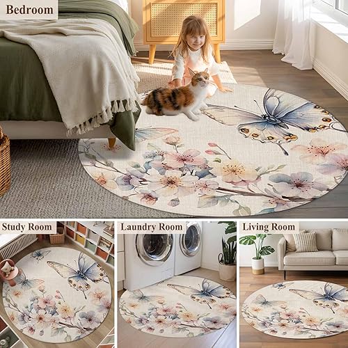 Miniatura 5 de Round Rugs 8ft, Flowers Butterfly Non-Slip Area Rugs for Living Room Bedroom Entryway, Watercolor Retro Botanical Flowers Washable Carpet Runner Rug