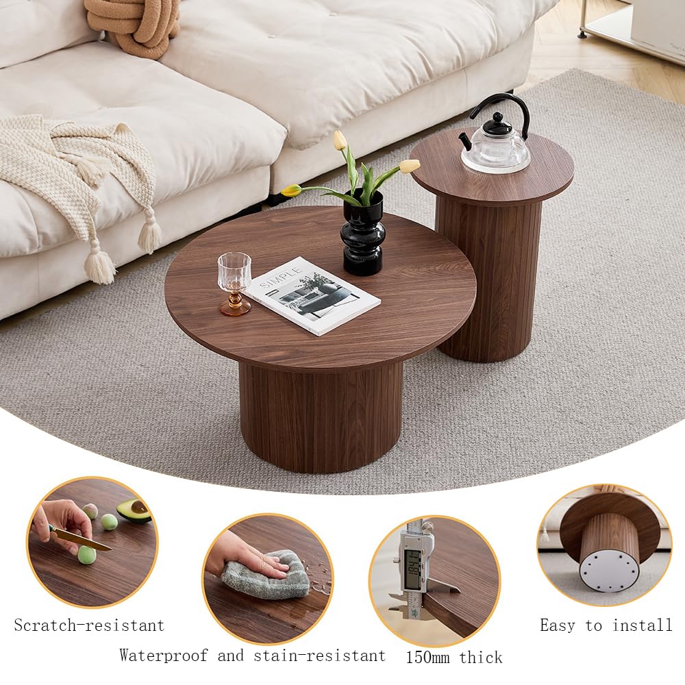 GrandCA HOME Lot de 2 Tables Basses Rondes, Table d'appoint Ronde pour Canapé, Plateau en MDF avec Sommier à Lattes en Bois, Convient pour Salon et Bureau（Grain de Bois Foncé）