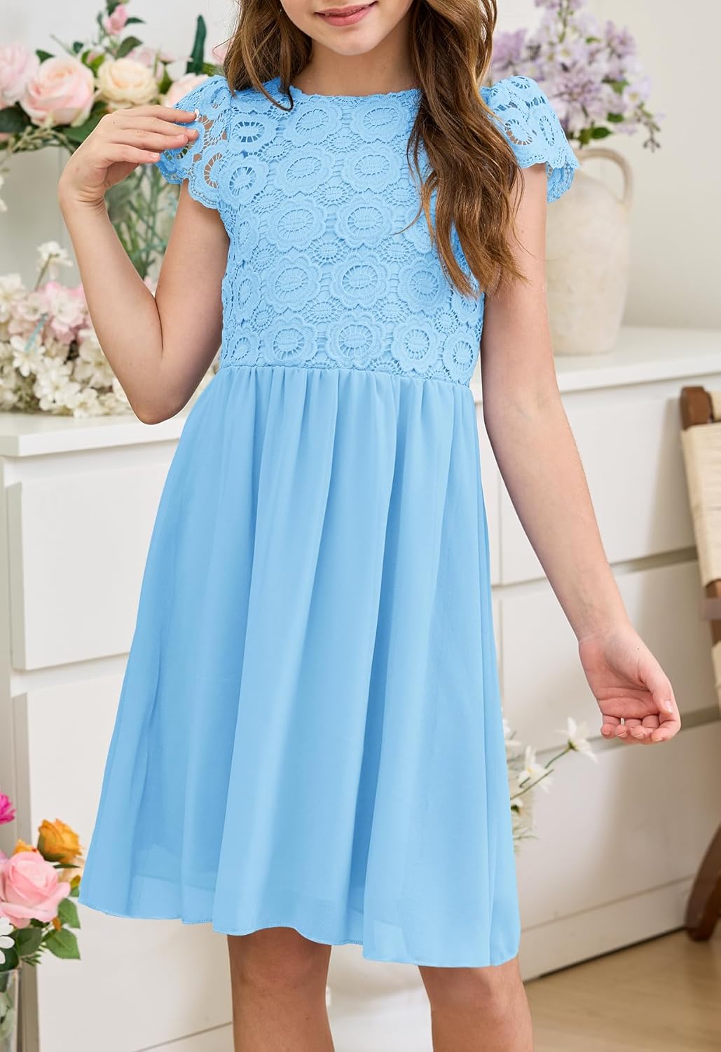 HOSIKA Summer Flower Girls Vintage Lace Chiffon A-Line Semi Formal Wedding Birthday Dress for 6-12 Years Kids - Image 2