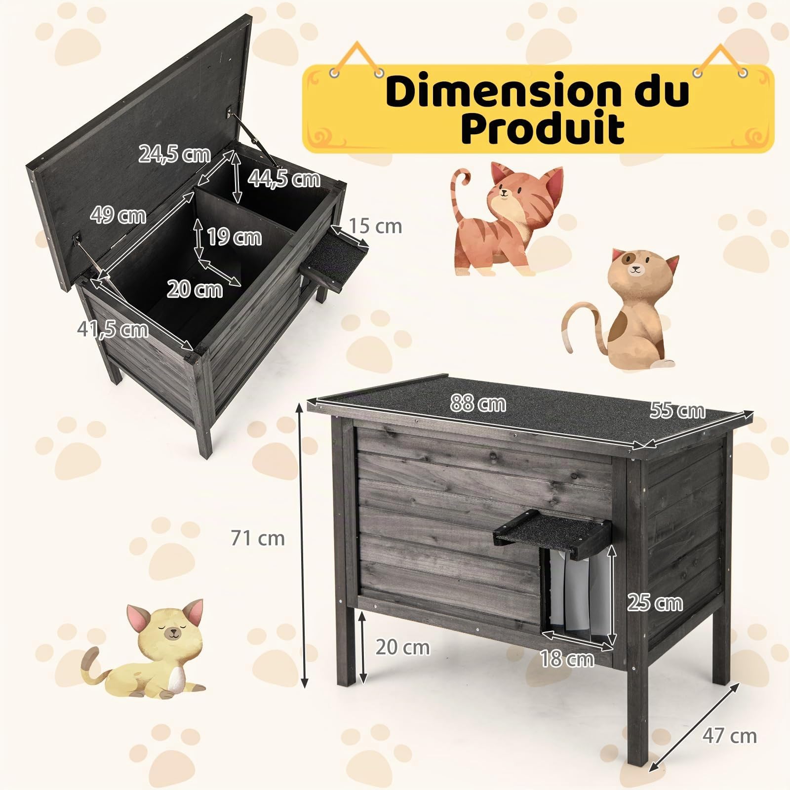 COSTWAY Niche pour Chat Exterieur, Grand Maison pour Chats en Bois de Sapin, 88 × 55 × 71 cm, Isolation en Mousse à 6 Côtés, Toit en Asphalte Ouvrable, Rideau de Porte, Cabane Chat Exterieur (Noir)