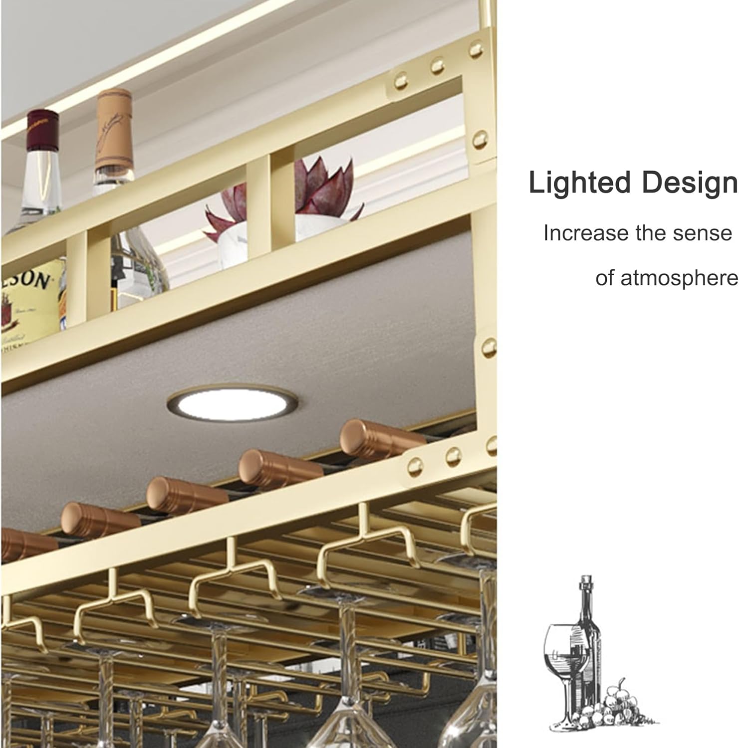 Floating Wall Mounted Wine Rack with Glass Holder and LED Light Modern Home Bar Decor for Kitchen or Dining Room Gold 60 * 30cm