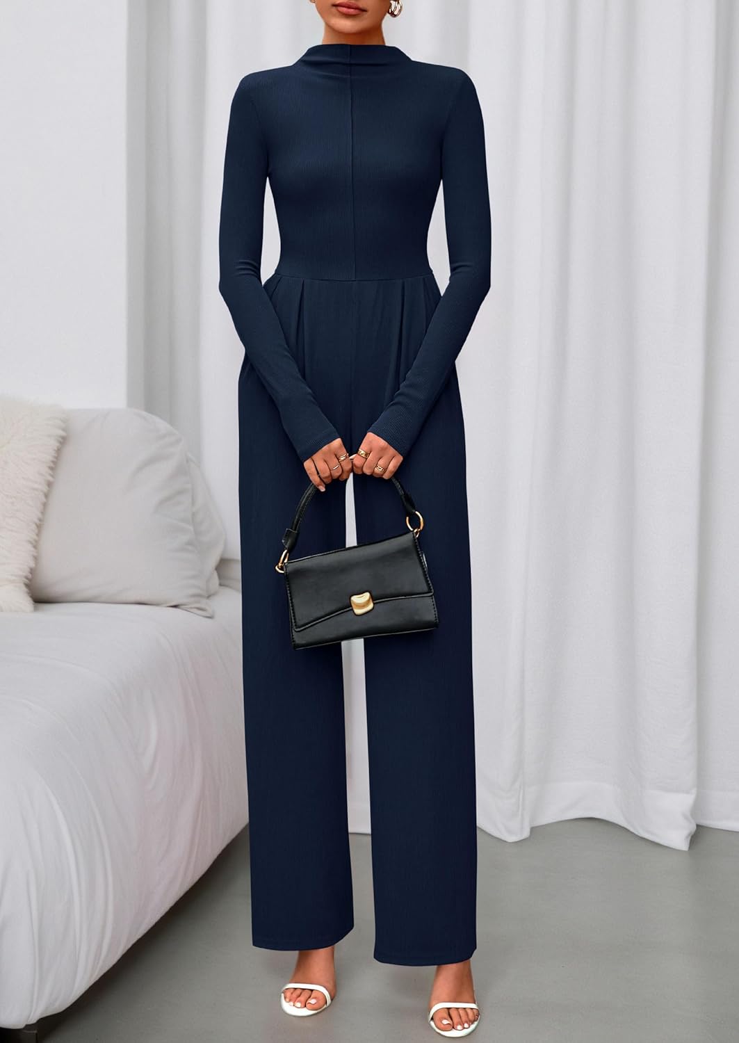 PRETTYGARDEN Long Sleeve Jumpsuit for Women 2026 Fall Date Night Rompers Dressy Casual One Piece Mock Neck Jumpsuits Pockets - Image 8