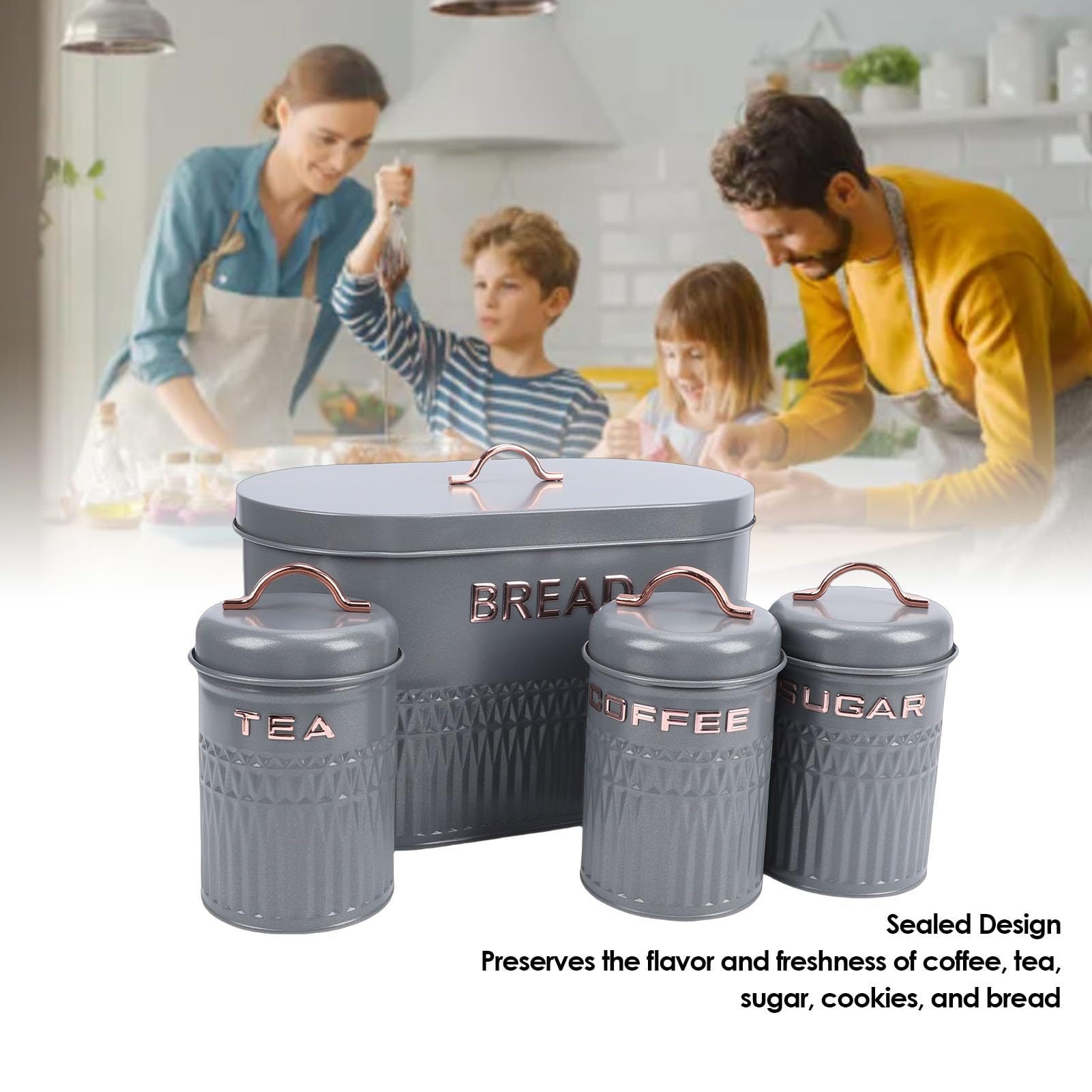 Juego de Caja de Pan y Recipiente, 3 Recipientes Etiquetados con Caja de Pan Grande para Almacenamiento de café, té, Azúcar, Hecho de Hierro Resistente para Organización de (GRAY)