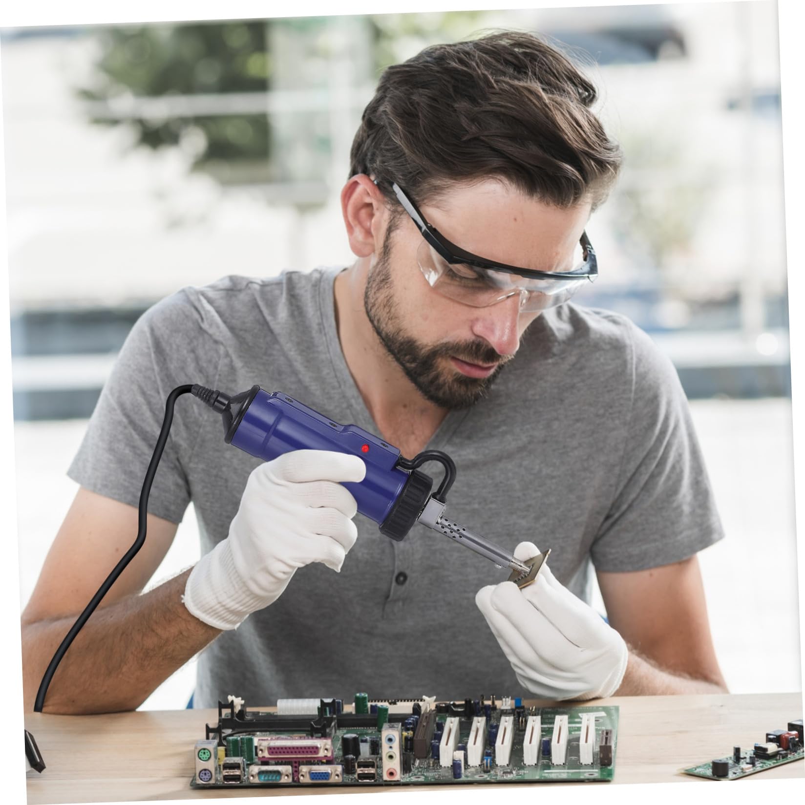 Bomba Desoldadora Eléctrica Portátil para Mantenimiento de Electrodomésticos con Ventosa Azul, Simple y Accesorios con Boquillas Reemplazables de Acero Inoxidable