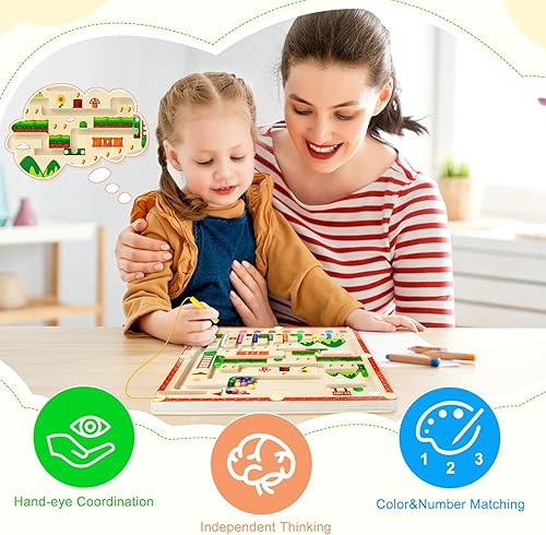 Miniatura 2 de MOMSIV - Laberinto magnético de color y números, juguete sensorial de madera para aprender a contar, juguetes Montessori para habilidades motoras