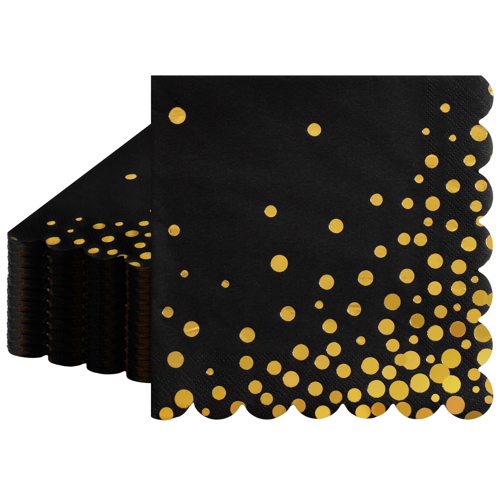 40 Pcs Black and Gold Napkins 6.5 Inch Black Napkins with Gold Foil Polka Dots Scalloped Paper Serviettes Party Napkin for Birthday Wedding Christmas New Year Anniversary Table Decor