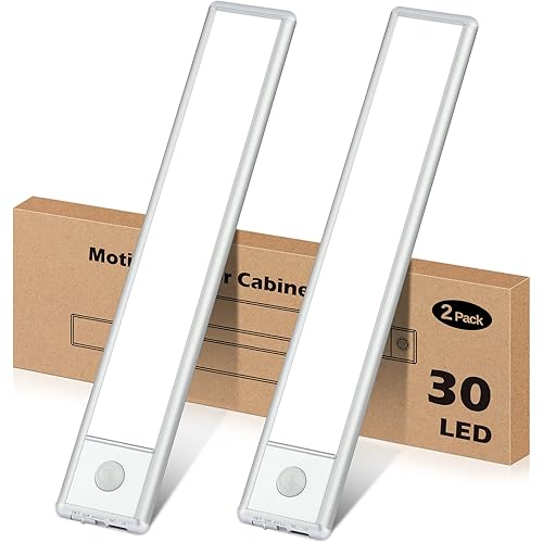 30-LED Motion Sensor Under Cabinet Lights, Magnetic Rechargeable Under Counter Closet Light, Wireless Night Light Bar Stick-On, 2-Pack, Cool White