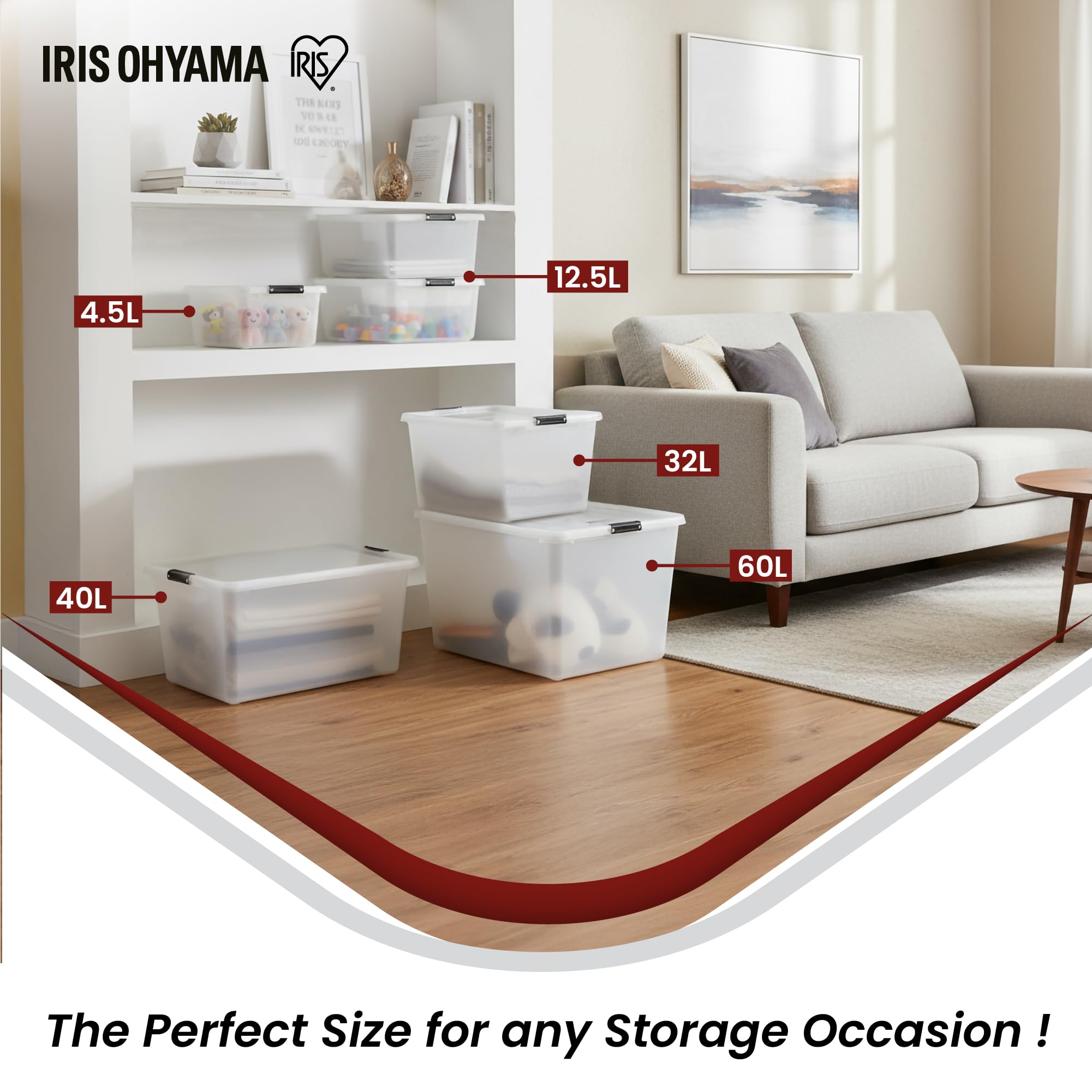 Iris Ohyama Aufbewahrungsboxen mit Deckel, 60L, 4er-Set, Silber, Sicherer Verschluss, Stapelbar, Griffe, für Schlafzimmer, Schrank, Büro, Organisation, BPA-freies Plastik, Ordnungsboxen, FTB-60