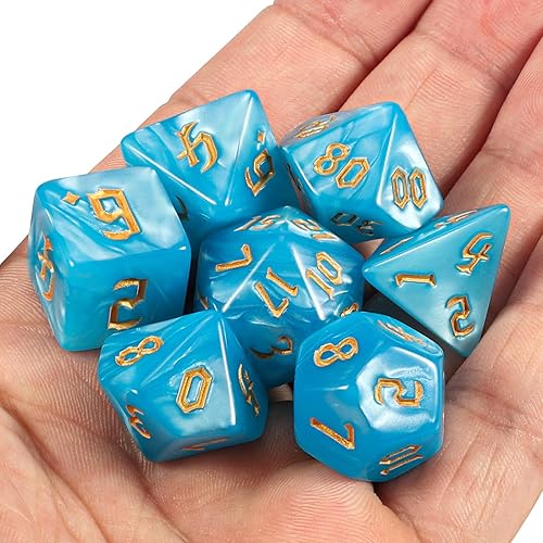 Miniatura 7 de CiaraQ DND - Juego de dados poliédricos con bolsa de dados para juegos de rol de Dungeons and Dragons RPG MTG (fuente azul + dorada)