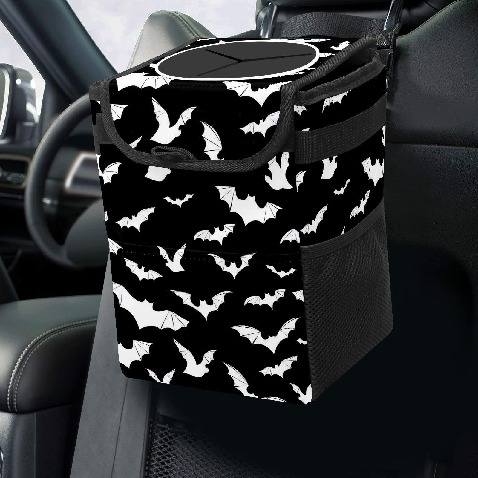 GACTIVITY - Cubo de basura para coche con diseño de murciélagos góticos en blanco y negro, plegable, reutilizable, impermeable, para garaje, accesorios para coche, organizador interior