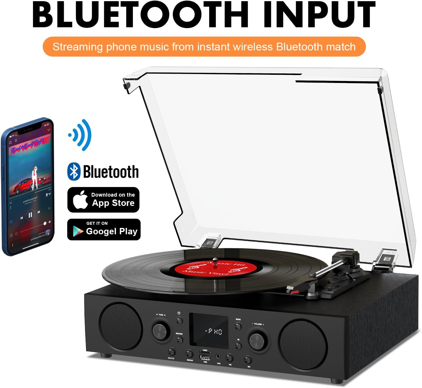 DANFI AUDIO DF TE-103 Turntable with a smartphone displaying Bluetooth connection icon.