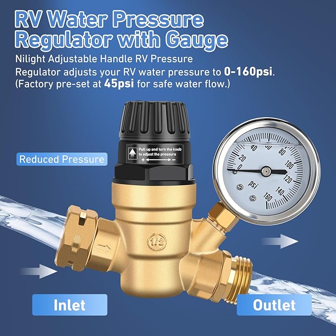 Nilight RV Water Pressure Regulator for RV Camper, Adjustable Handle Water Hose Pressure Regulator with Oil Filled Gauge and Inlet Screen Filter Brass Lead-free Reducer Valve for Camper Travel Trailer