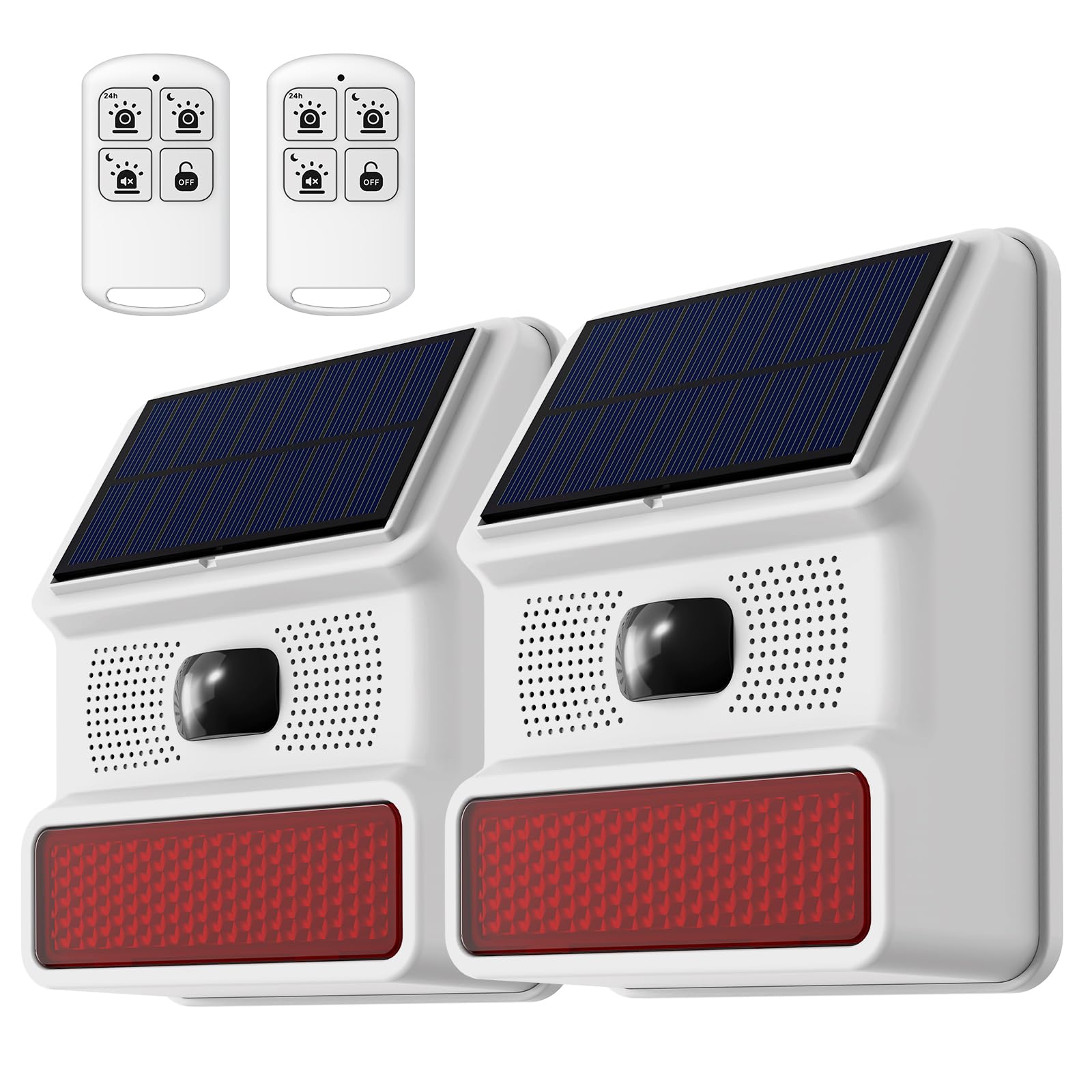 Sirena inteligente inalámbrica para exteriores con detector de movimiento de panel solar, paquete de 2 unidades, alarma fuerte y estroboscópico intermitente, control de romano, fácil de instalar