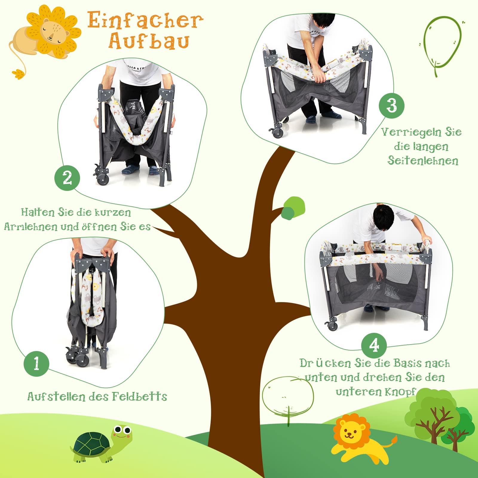 COSTWAY 4 in 1 klappbares Reisebett & Beistellbett & Wickeltisch & Laufstall, 2 Ebenen Babybett höhenverstellbar mit Tragetasche, Matratze & Spieluhr, Mobile Stubenwagen, 15 kg belastbar (Dunkelgrau)