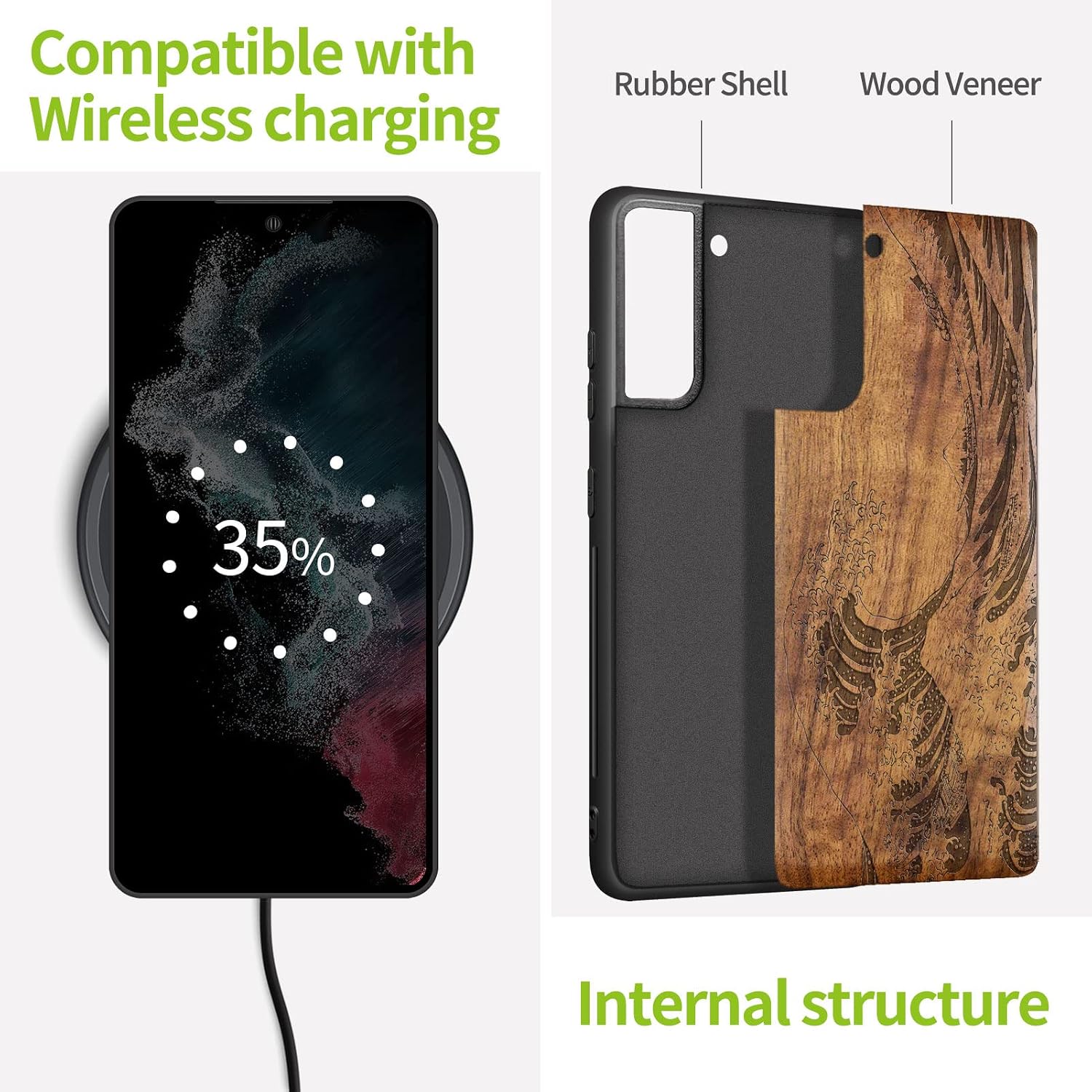 Carveit Wood Case for Galaxy S22 Plus Case [Natural Wood & Black Soft TPU] Shockproof Protective Cover Unique Wooden Design Compatible with S22 Plus (The Great Wave Off Kanagawa-Walnut)