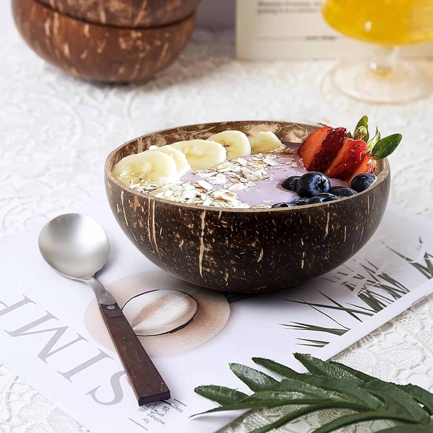 Malloom Juego de 8 cuencos de coco natural de 450 ml, de madera pulida para batidos, ensalada de acai, cuencos de Buda para regalos veganos, decoración de cocina, fiesta, tazón, 15 x 15 cm