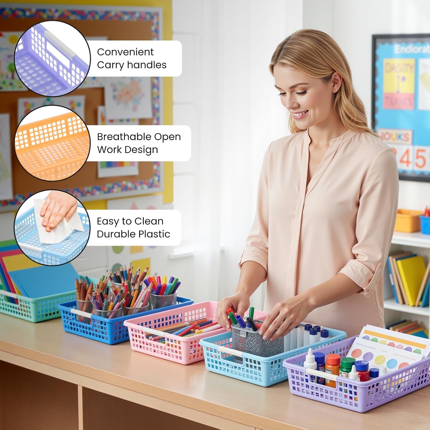 Bright Creations 6 Pack Plastic Turn In Paper Tray Organizer, Teacher Basket, School Paper Organizer Storage for Kids, Pastel Trays for Sorting Crafts, Classroom, Office Files and Supplies