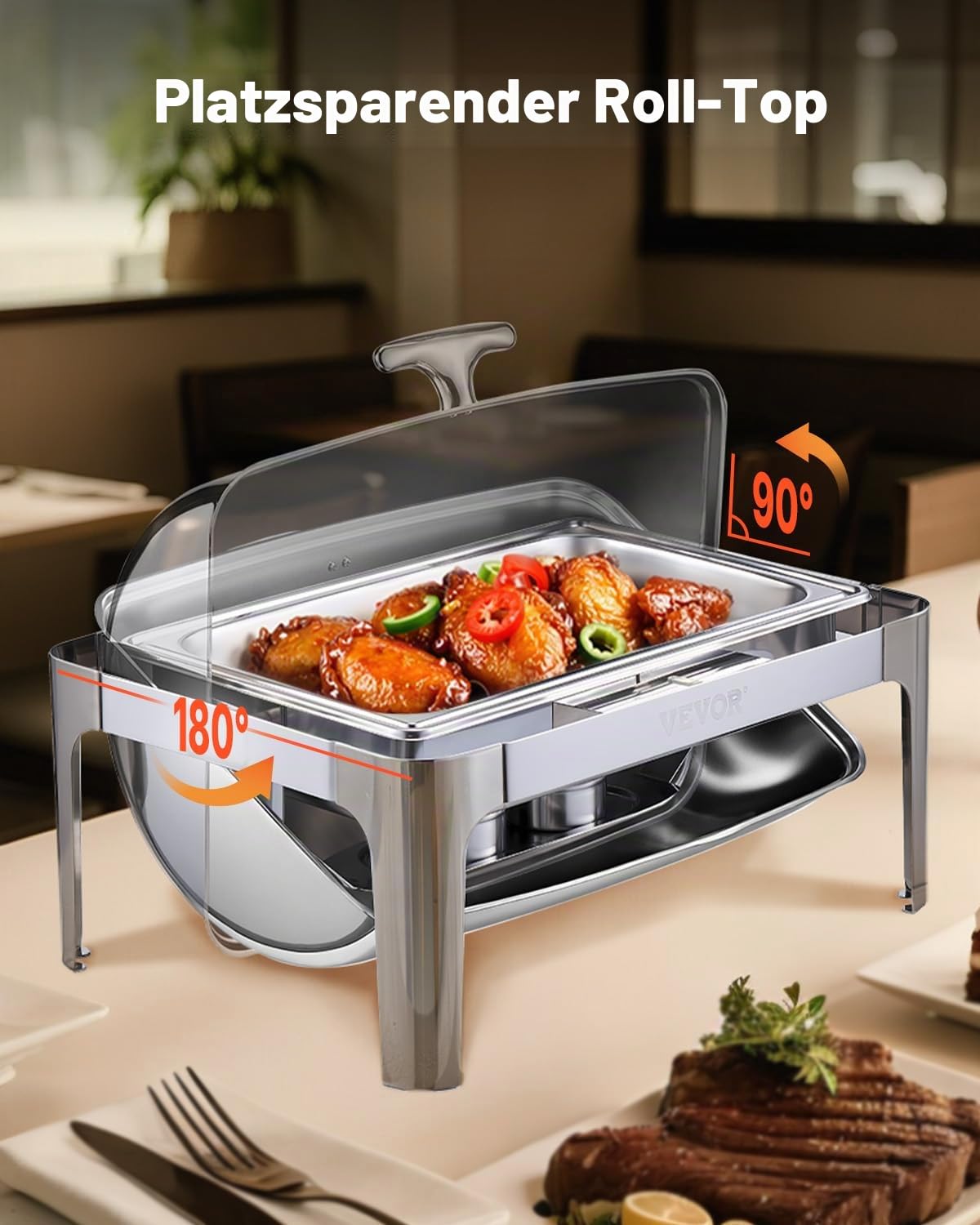 VEVOR Chafing Dish Set Speisenwärmer Edelstahl mit Pfannen in voller Größe (8,5 L), rechteckiger Wärmespender mit Roll Top Deckel & Wasserpfannenständer & Brennstoffhalter, für Buffet Silber