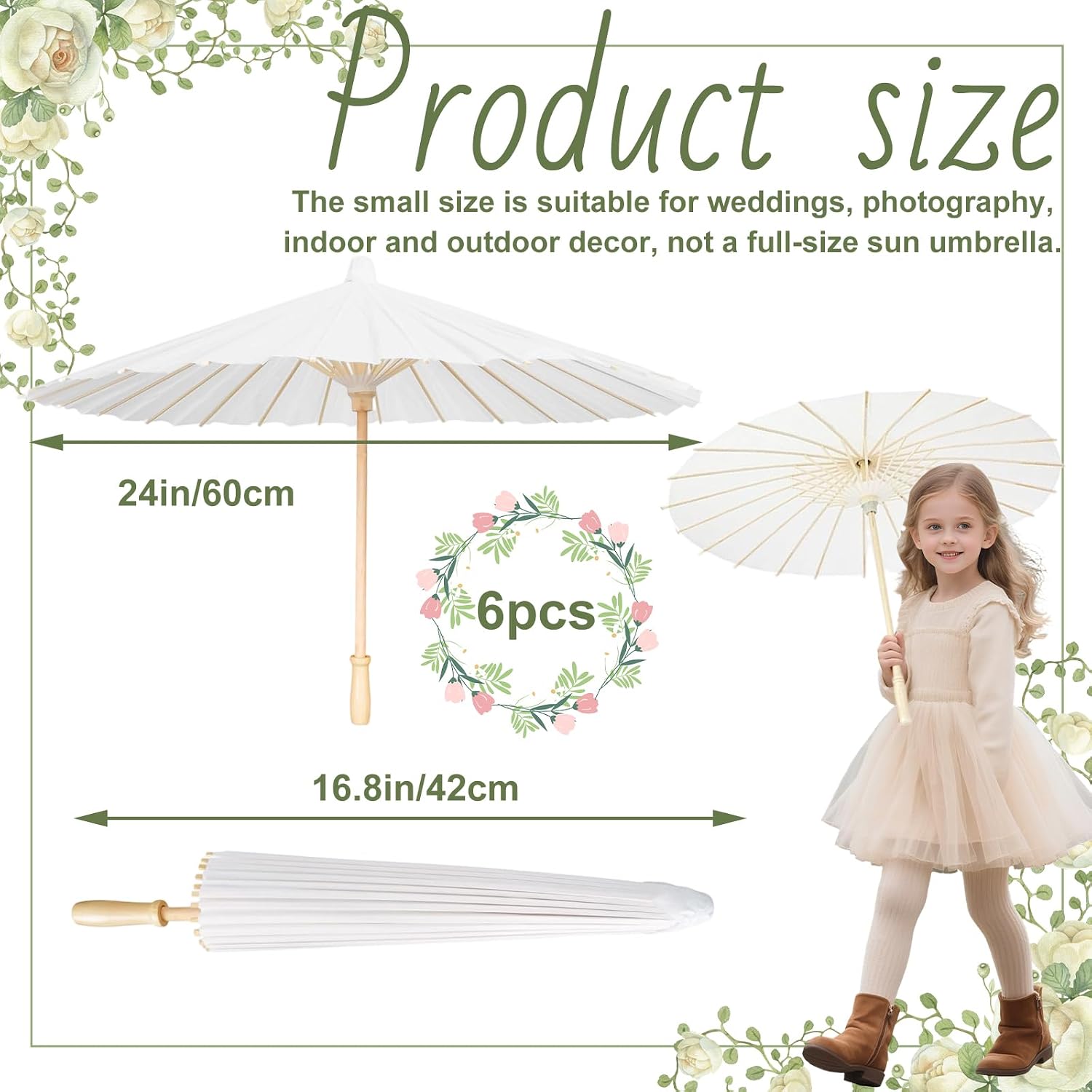 6 Pack 24 Inch White Paper Umbrellas Chinese Japanese Decorative Parasol DIY Oiled Painting Crafts for Wedding Bridal Party Decor