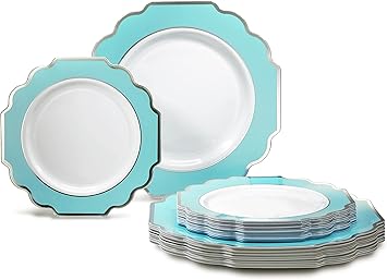 OCCASIONS  50 Plates Pack 25 Guests-Heavyweight Wedding Party Disposable Plastic Plate Set -25x10.5 Dinner + 25x8 Salad/dessert Imperial Aqua & Silver