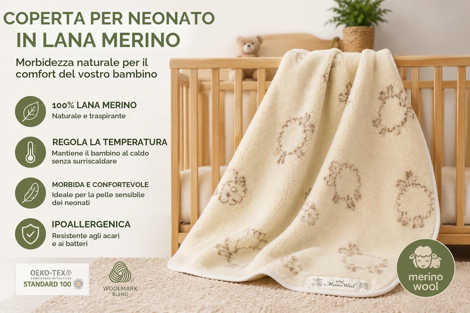 WOOLMARKED, coperta in lana merino per bambini, 140x100 cm, prodotto naturale