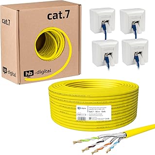 HB-DIGITAL Juego de 50 m de cable de red LAN CAT.7, AWG 23, cobre puro S/FTP PiMF LSZH, sin halógenos, cumple con la normativa RoHS, certificado GHMT, Ethernet PoE 10 Gbps, 1000 MHz, color amarillo +