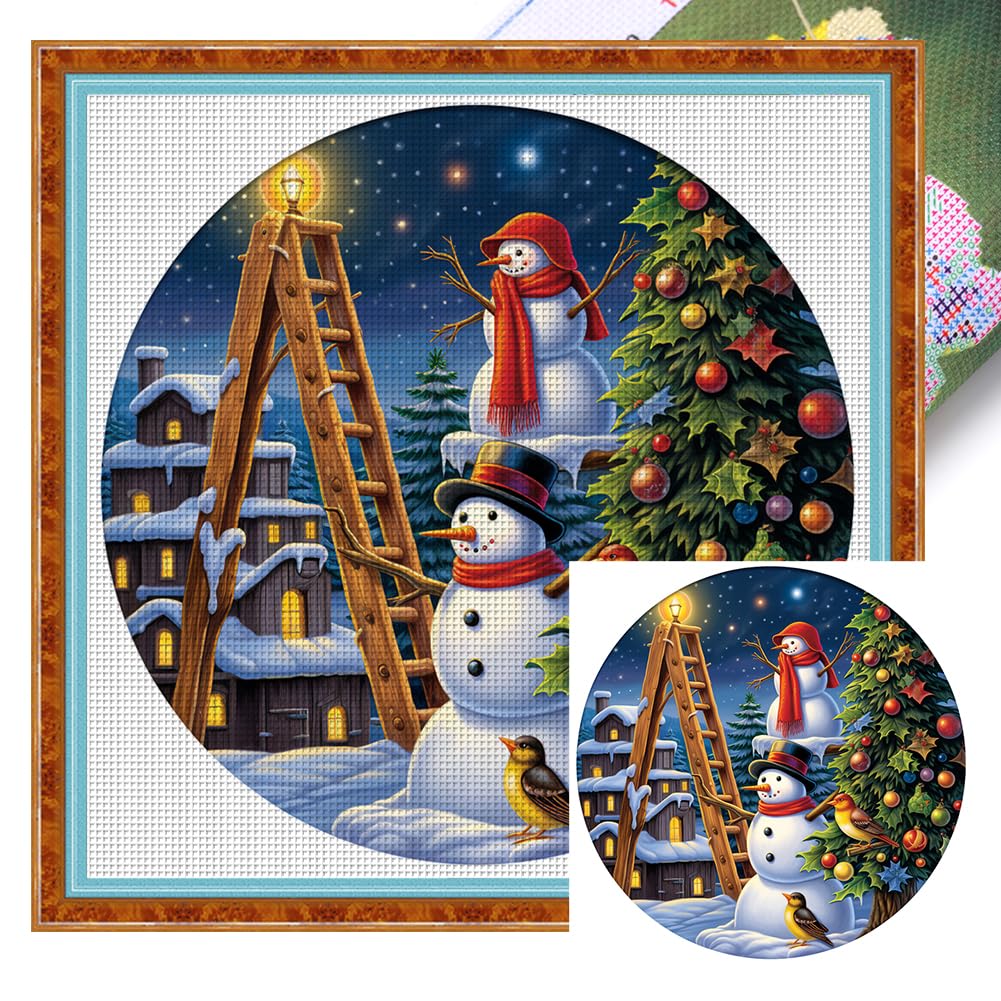 AMZGSHOP 11CT Printed Xmas Snowman Cross Stitch 40x40cm