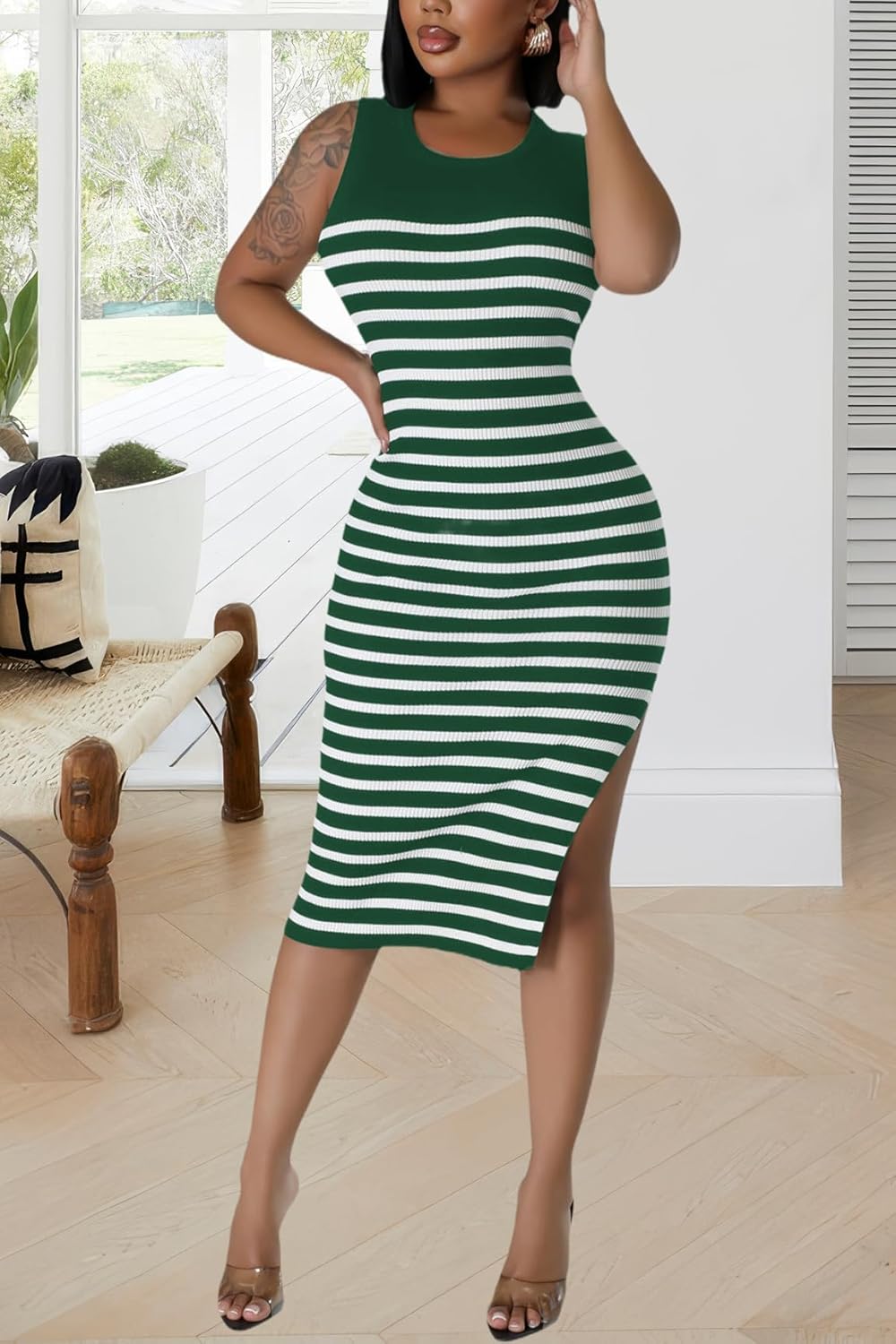 Women's Casual Spring Summer Stylish Striped Round Neck Sleeveless Knitted Slit Midi Dress - Image 5
