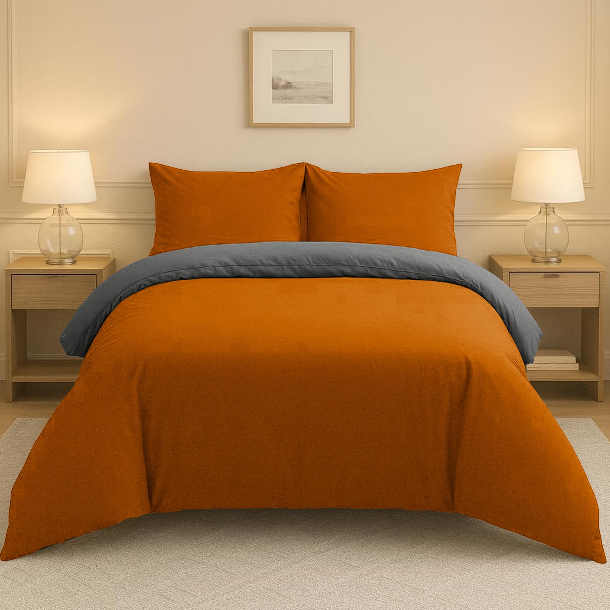Lions Plain Dye Bedding, Double Duvet Cover Sets with Pillowcase, 3 Piece Ultra Soft Reversible Quilt Covers Bed Set, Microfibre Premium Quality, 200x200cm, Rust Charcoal — image 1