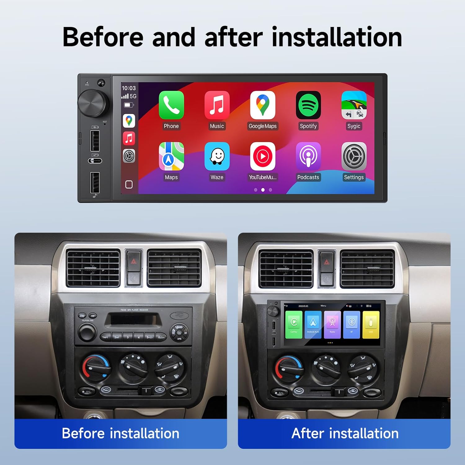 NINEYIN Single Din Car Stereo Before and After Installation
