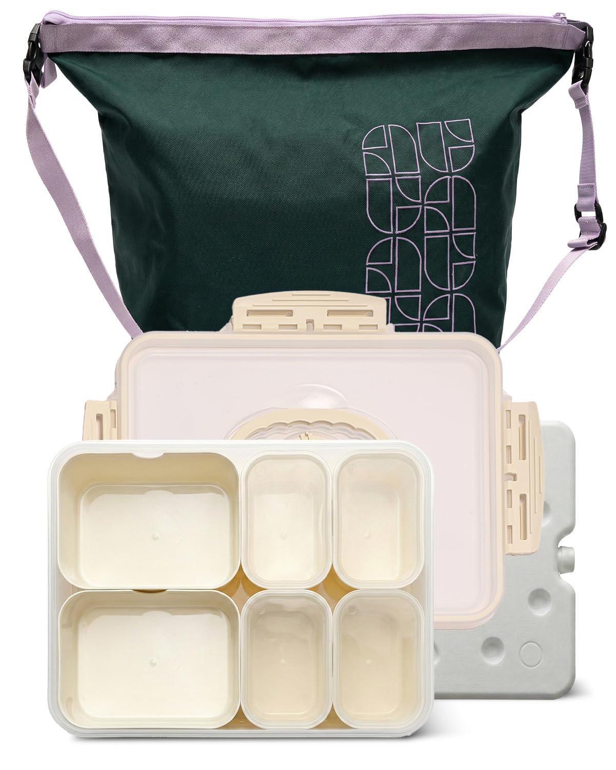 Snack box Creamy White, przenośna snackle box z torbą termoizolacyjną i wielorazowym wkładem chłodzącym, 6 wyjmowanych przegródek (2 duże + 4 małe) z osobnymi pokrywkami