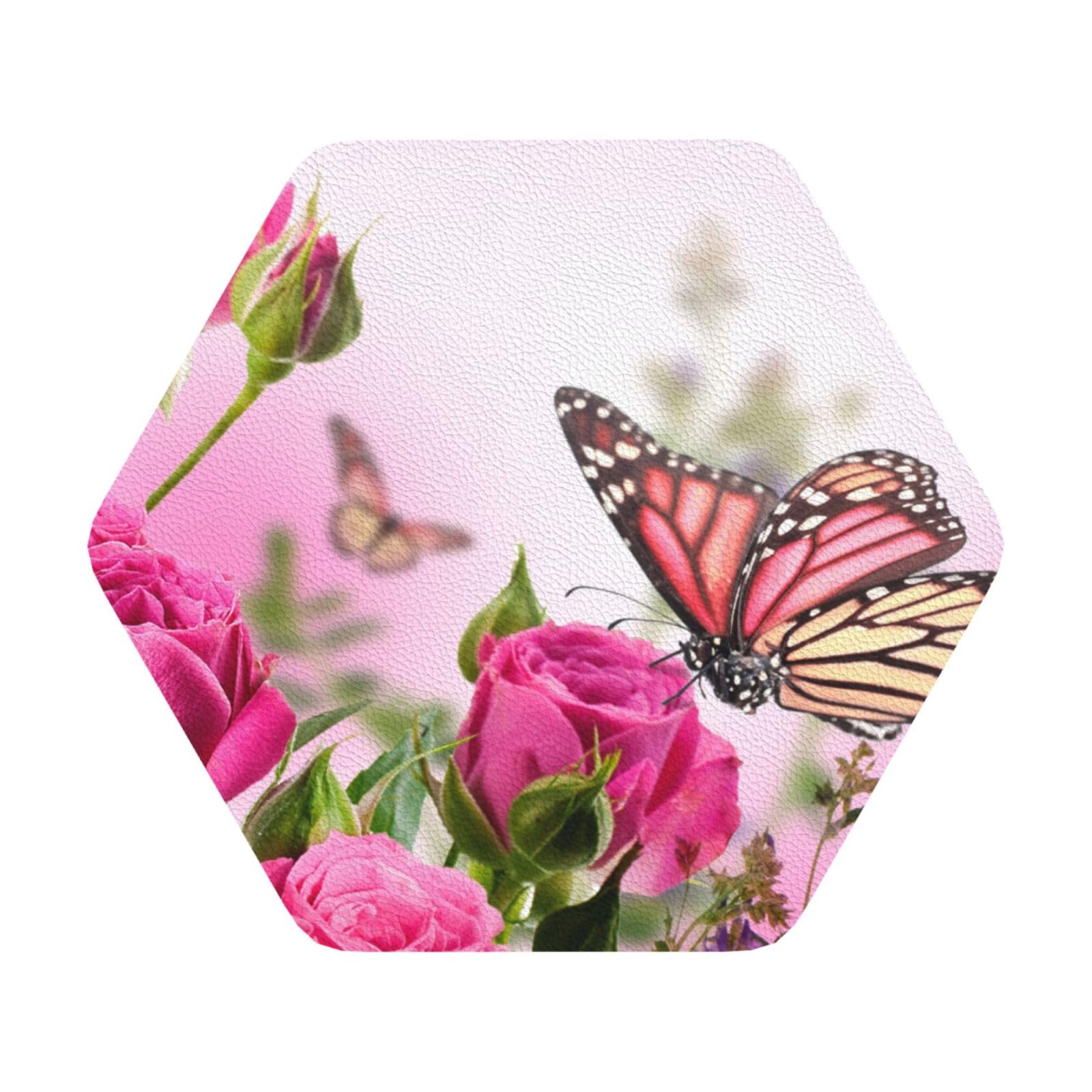 Butterfly kissing flowers PU Leather Coasters Set of 6 Hexagon Drink Coasters