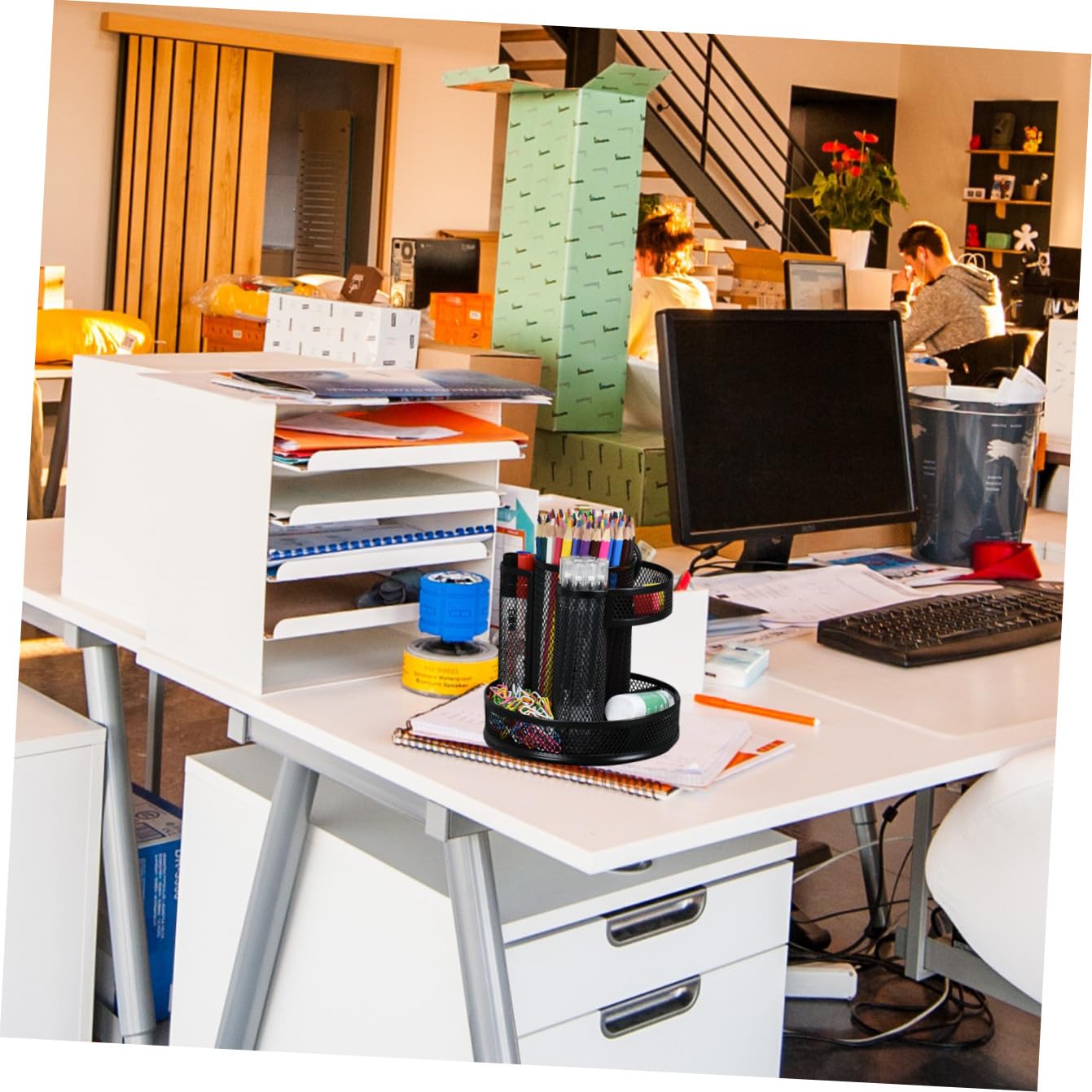TOPBATHY Porte-stylos Rotatif en Fer Noir, Boîte de Rangement Bureau