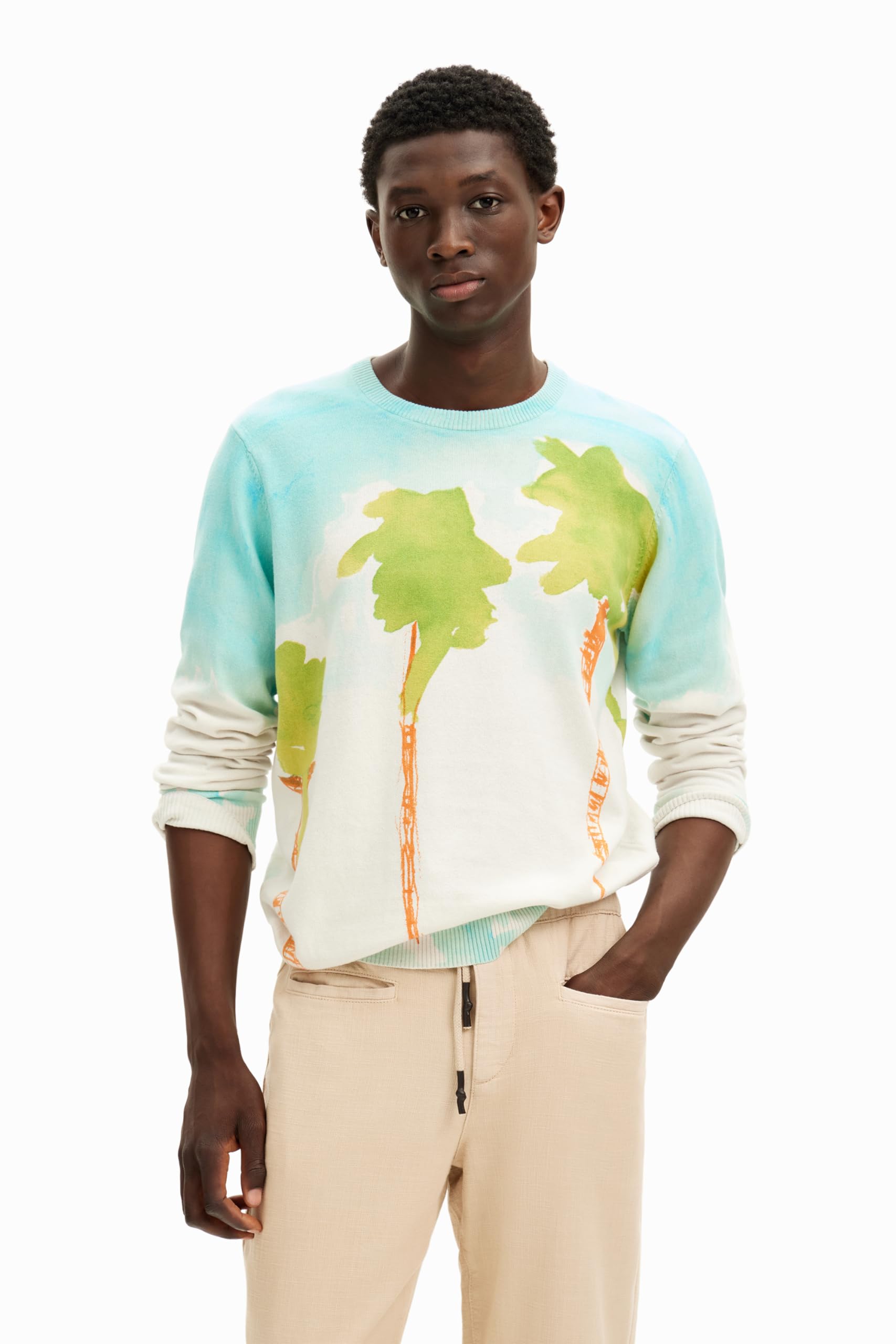 Desigual Men's White Man Flat Knit Pullover Long Sleeve Sweatshirt, Collar : 17.5 Extra Large